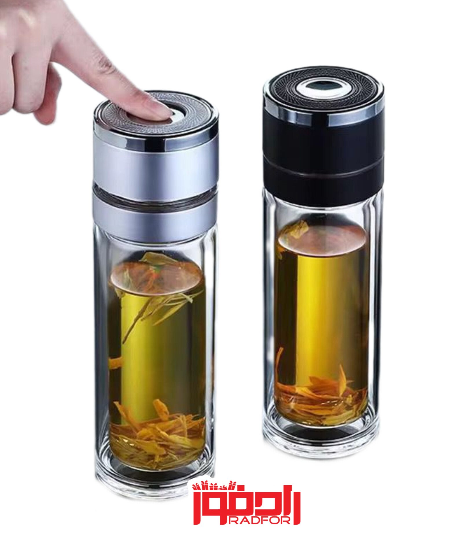 فلاسک دمنوش ساز پیرکس درب استیل دکمه ایی